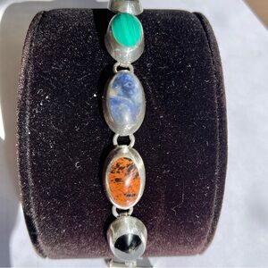 Vintage Taxco Large 8” Multi-Stone Sterling Silver Bracelet 50g